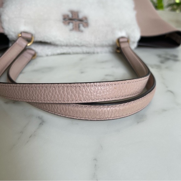 Tory Burch McGraw Shearling Fleece Fur & Leather Tote Bag Sand Beige Pink Ivory - Picture 12 of 16